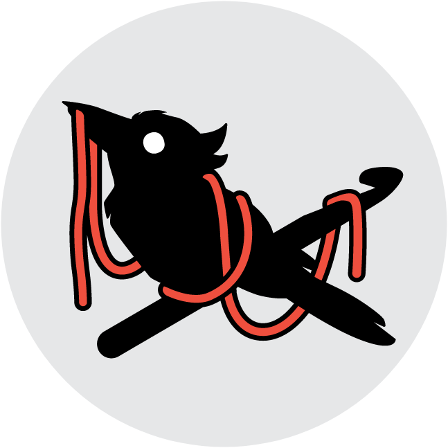 Slipstitch Games logo: a bird tangled in red thread on a crochet hook